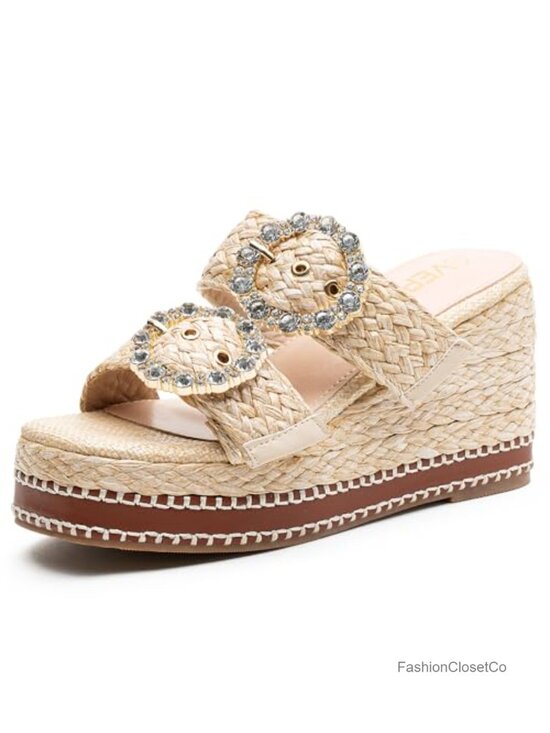Shoes - Woven Raffia Platform Wedge Sandals Espadrille Heels Square Open Toe Rhinestone